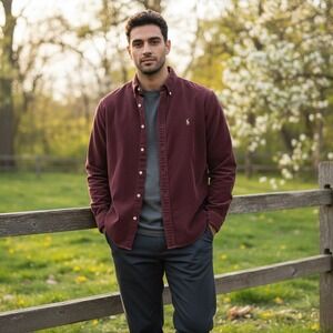 VTG Ralph Lauren Corduroy Button Down Shirt Burgundy Men Long Sleeve XL Academia